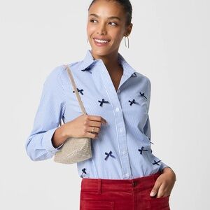 NWT - J. Crew Light Blue Striped button-down Collar Shirt with Navy Bows. Cotton